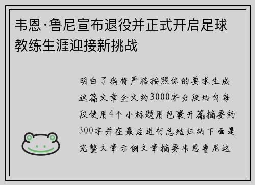 韦恩·鲁尼宣布退役并正式开启足球教练生涯迎接新挑战 韦恩·鲁尼宣布退役并正式开启足球教练生涯迎接新挑战