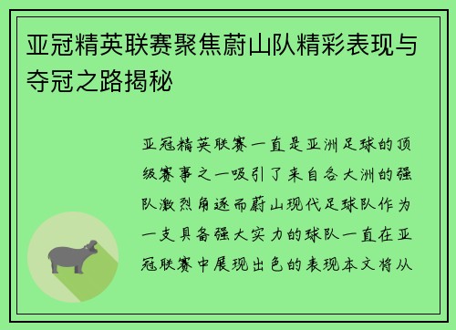 亚冠精英联赛聚焦蔚山队精彩表现与夺冠之路揭秘 亚冠精英联赛聚焦蔚山队精彩表现与夺冠之路揭秘